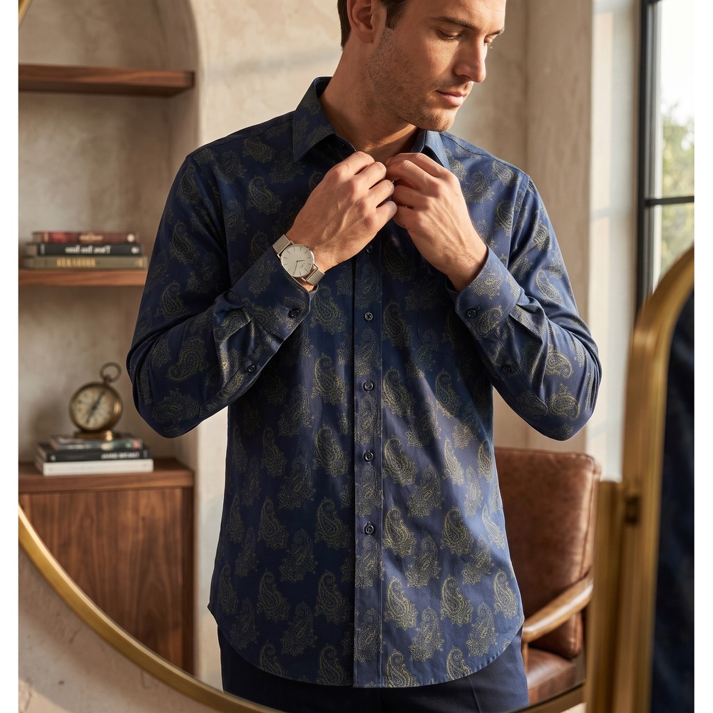 Alan Flusser Mens XL Navy Blue Paisley Cotton Button Down Long Sleeve Shirt